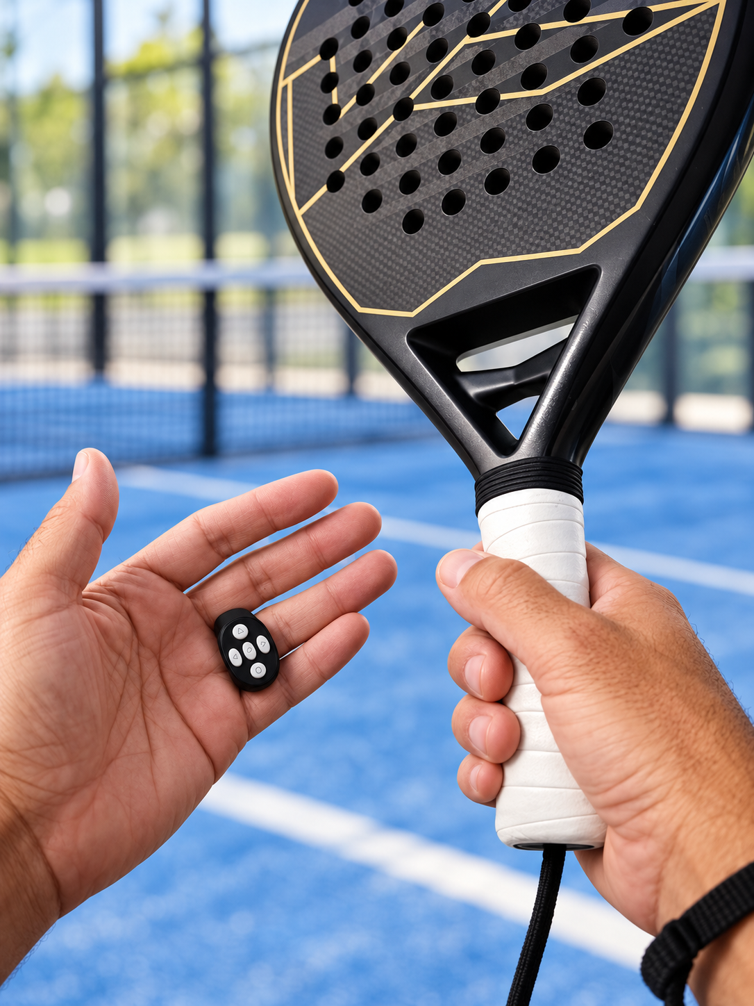 Mando TanteApp junto a una pala de pádel